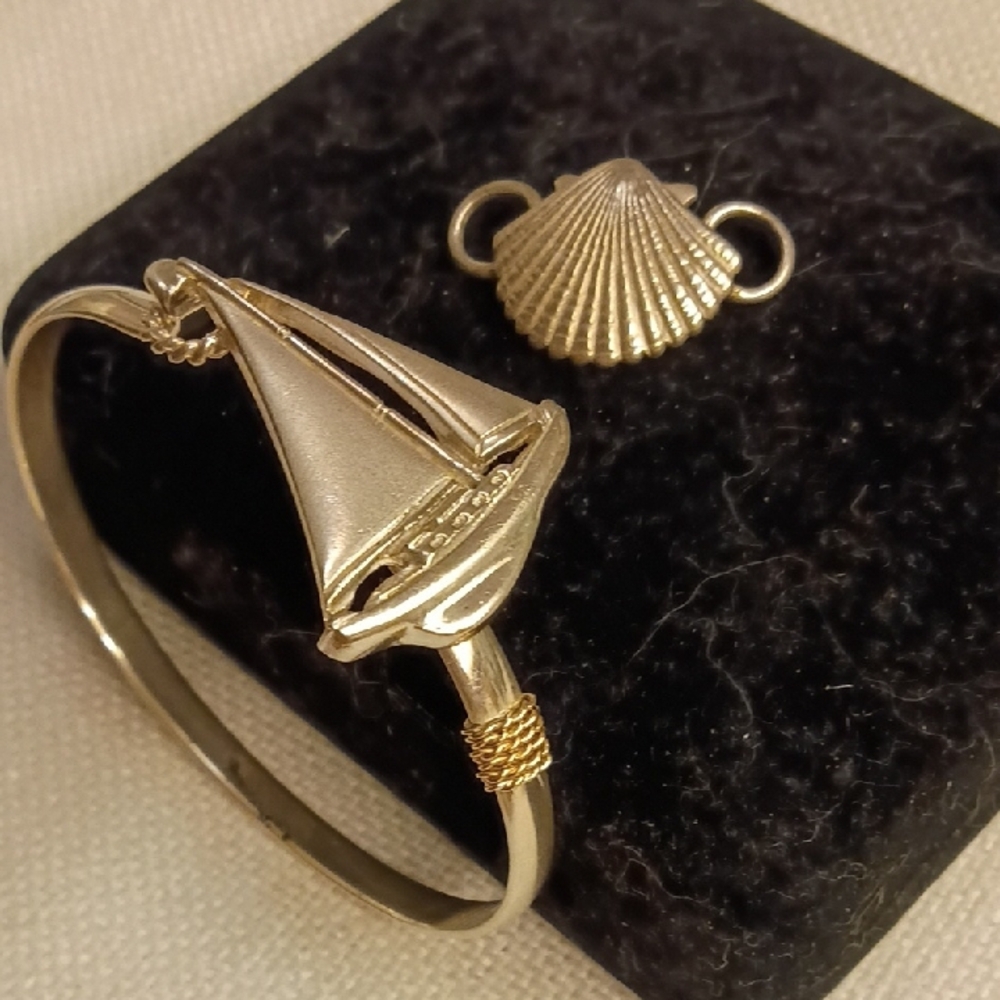 Sterling Sailboat & Shell Changable Charm Bangle Bracelet, w/ 14k Gold Braiding